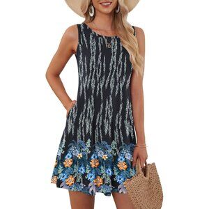 Women's Blue Flower Sleeveless Crew Neck Summer Boho Beach Dress with Pockets